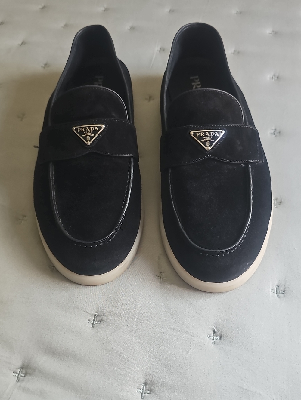 Prada Black Suede Slip-On Loafers with Cream Sole